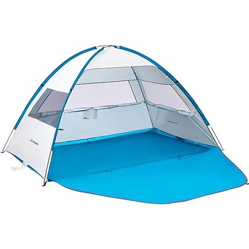 EchoSmile Beach Tent Sun Shelter for 3 Person, Beach Canopy Sun Protection UPF 50+, Easy Setup & Lightweight & Portable Cabana Tent Sun Shade for Baby Toddler Kid Adult, White & Blue