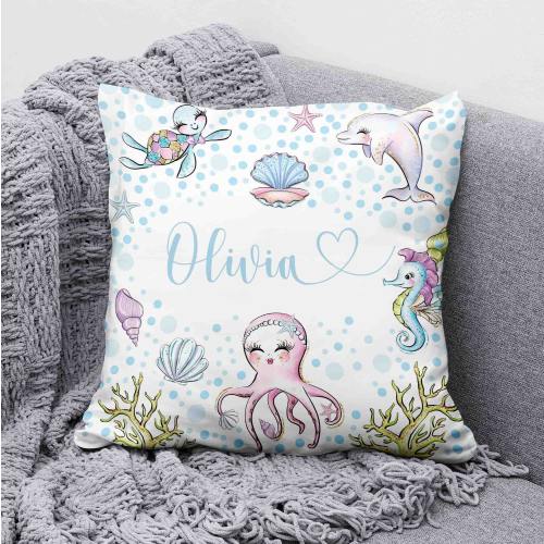 Under The Sea Pillow, Sea Lover Cushion, Ocean Nursery Decor, Girl Room Decor, Custom Name Baby Shower Gift, Underwater Animals Pillow