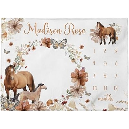 Customized Horse Milestone Blanket Personalized, Baby Girl Month Blanket, Floral Nursery Custom Age Newborn Calendar Tracker Flower New Mom Baby Gift