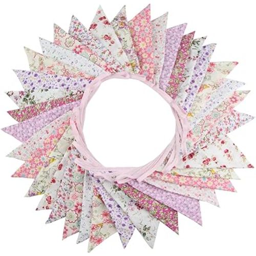 10M/32Ft Triangle Bunting Banner, 36 Pcs Cotton Fabric Flags Pennant Garlands for Birthday Party, Wedding, Baby Shower, Outdoor and Home Decorations (Pink)