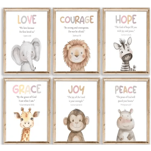 Safari Animal Bible Verse Nursery Wall Art Christian Picture Kids Room Wall Decor Uplifting Scripture Poster Hope Love Joy Jungle Animals Painting Canvas Print Artwork for Baby Room Playroom, Unframed