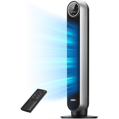 Dreo Tower Fan for Bedroom, 25ft/s Velocity Quiet Floor Fan, 90° Oscillating Fans for Indoors with 4 Speeds, 4 Modes, 8H Timer, Standing Fans, Bladeless Fan, Silver, Nomad One (DR-HTF007)