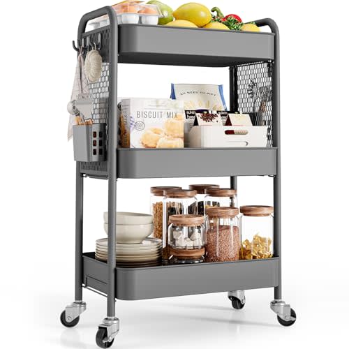 TOOLF Rolling Carts with Wheels, 3 Tier Rolling Utility Cart, Metal Storage Organizer with Pegboard Hooks Bins for Bathroom Kitchen Storage, Three Tier Cart for Book Diaper & Craft Art Supplies, Grey