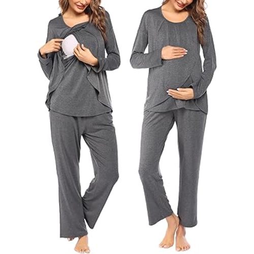 Ekouaer Maternity Nursing Pajama Set Long Sleeve Top & Pants with Pockets Breastfeeding Sleepwear Double Layer Pregnancy