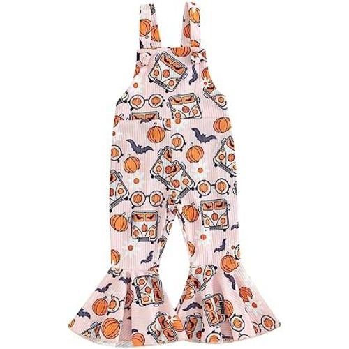 YOKJZJD Toddler Baby Girl Halloween Outfit Pumpkin Ghost Suspender Romper Jumpsuit Overalls Bell Bottom Pants Fall Clothes