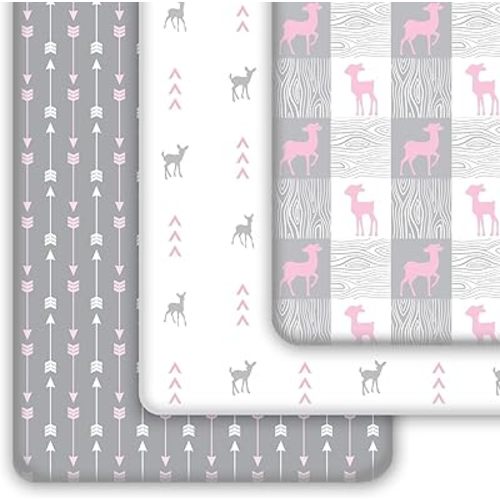 GROW WILD Lot de 3 draps-housses en jersey doux et extensible pour berceau fille - Rose et gris - Drap de matelas pour bébé fille