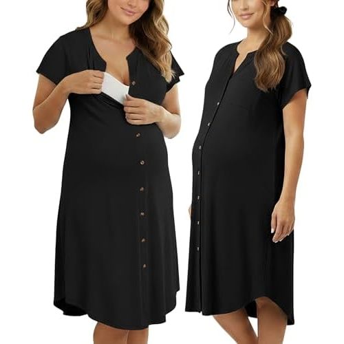PATPAT Maternity Midi Dress, Button-Down Nursing Dress with Pockets for Baby Shower, Pregnancy & Postpartum