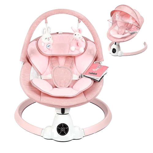 PRVAETU Electric Baby Swing for Infant Newborn W/ 5 Speed,10 Lullabies,5-Point Harness,Detachable Cushion & Canopy,Remote Control & Touch Panel,Pink