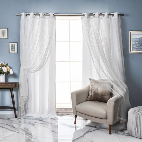 Latitude Run® Pearl Beaded Tulle Overlay Room Darkening Grommet Curtains & Reviews | Wayfair