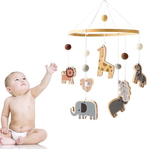 Felenny Baby Mobile for Crib, Jungle Animals Baby Mobile, Handmade Wooden Nursery Mobile Room Decor, Wild Animals Mobile for Baby Boys Girls