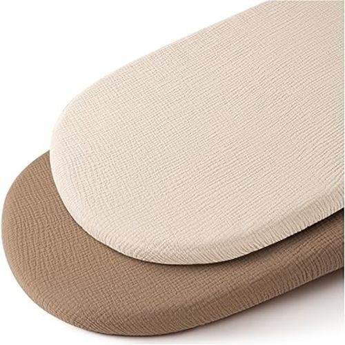 Konssy 2 Pack Muslin Fitted Bassinet Sheets for Baby Girl Boy, Soft Breathable Baby Bassinet Sheets Fit for Baby Bassinets, Cradle, Moses Basket Oval Rectangle Pad/Mattress (Brown,Summer Wheat)