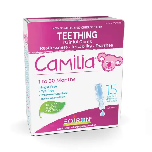 Boiron Camilia Baby Teething Relief Medicine, 15 unit-doses (1 ml each). Camilia relieves pain, restlessness, irritability and diarrhea due to teething. Benzocaine-Free and Preservative-Free with Natural Active Ingredient,No Sugar, No Dye