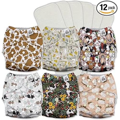 Mama Koala 3.0 Cloth Diapers for Babies with AWJ Lining, 6 Pack with 6 5-Layer Natural Cloth Diaper Inserts - Reusable and Washable Pocket Diapers(A-The Farm Story)