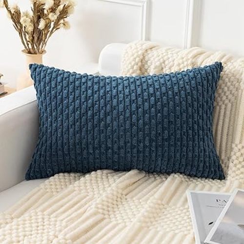 UGASA Soft Corduroy Decorative Pillow Cover 12x20 Inch Boho Striped Oblong Throw Pillow Cover Modern Home Decor for Sofa Living Room Couch Bed Blue, 1 Piece