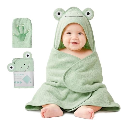 CuddleBug Hooded Baby Bath Towel & Washcloth Set (Bear) - 100% Cotton Terrycloth Hooded Baby Towels for Newborn & Toddler - Super-Soft & Absorbent, Newborn Essentials (33" x 33") - Sage Green