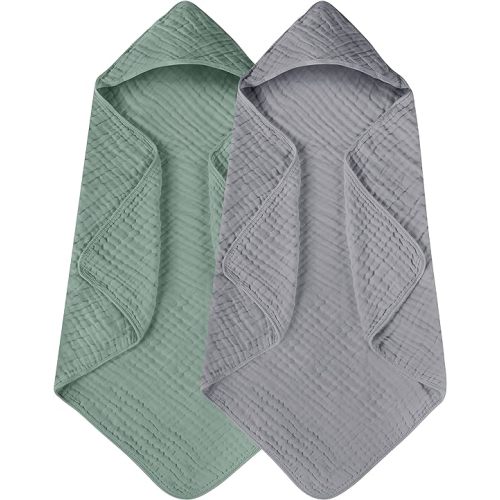 Yoofoss Hooded Baby Towels for Newborn 2 Pack 100% Muslin Organic Cotton Baby Bath Towel with Hood for Babies, Infant, Toddler and Kids, 32x32Inch, Soft and Absorbent Newborn Essential,Grey&Dark Green