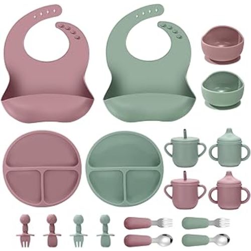 Silicone Baby Feeding Set, 18PCS Baby Led Weaning Supplies, Eating Essentials Utensils with Suction Plate and Bowl, Adjustable Silicone Bib, for 6+ Months (Pink+Green)