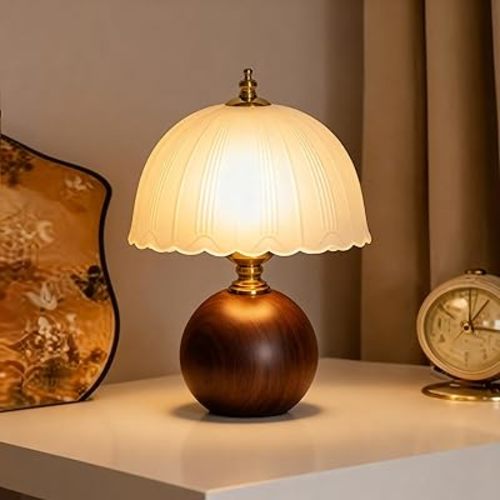 Decorative Wooden Table Lamp with Frosted Glass Shade, Dimmable Bedside Nightstand Lamp with E26 Socket & 6ft Cord, Small Accent Lamp for Bedroom & Living Room