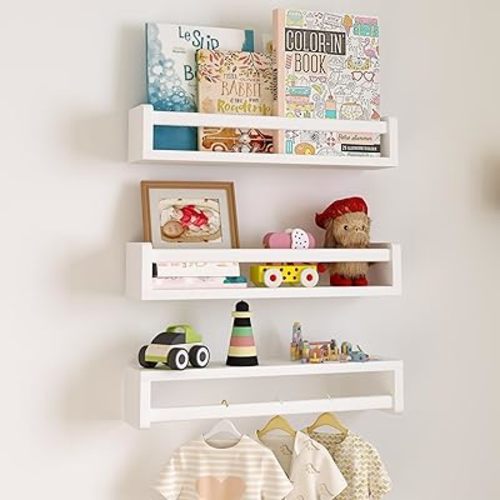 Nursery Floating Shelves, White Nursery Book Shelves for Wall, 16 inch Wall Bookshelf for Kids Solid Wood Wall Mounted Shelves for Books,Toys and Decor Storage, Set of 3