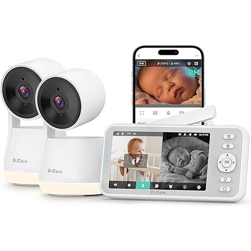 Dr.Care LumiView Smart WiFi Baby Monitor with 2 Cameras - 5" 1080P FHD & 2K Camera App Control, Privacy Mode, 5000mAh Removable Battery, Cry & Motion Alerts, HD Night Vision, Multi-User,1279ft Rang