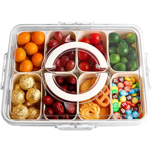 Snackle Box Container, Removable Snack Box Container and Charcuterie Board with Lid for Candy, Fruits, Nuts and Veggies, Divided Serving Tray with Handle Perfect for Party and Entertaining