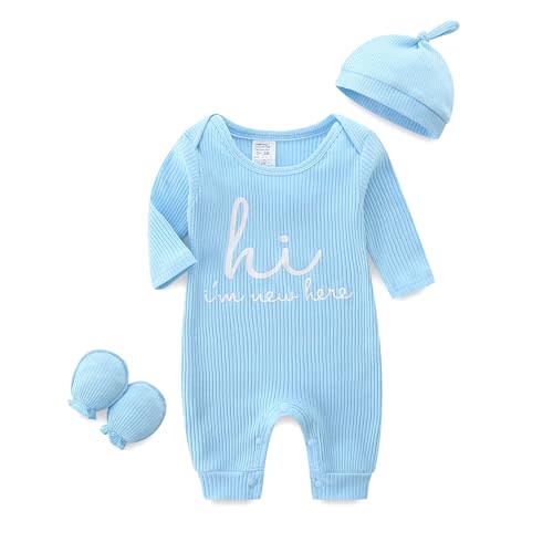 Babymine Newborn Unisex Baby Clothes 0-3 Months,Long Sleeve Onesie Infant Coming Home Outfits Romper with Mittens & Hat