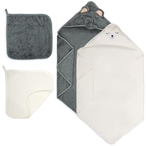 HBHLFZ 4-Pack Hooded Baby Towels - Newborn-Specific Bath Towel- Soft and Absorbent Coral Terry Baby Bath Towel - Suitable for Newborns and Infants, Essential for Newborn Bathing（Elephant, Bear
