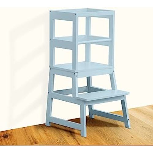 Kitchen Step Stool for Toddlers with Non-Slip Mat, WOOD CITY Wooden Kids Montessori Learning Stool Tower, Toddler Standing Tower Helper for Kitchen Counter and Bathroom Sink(Grey-Blue)