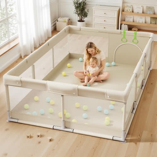 Uanlauo Baby Playpen for Babies and Toddlers, 71×47in Large Playpen, Beige | Safe Indoor Play Pen, Beige Baby Pen with Breathable Mesh and Side Storage Bag, Playard with 2 pull-up rings