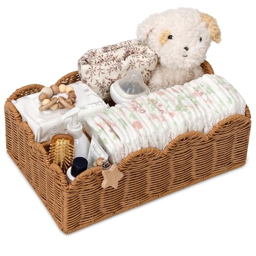 Klippehop Wicker Diaper Caddy Organizer, Nursery Storage Basket for Diapers and Baby Wipes, Baby Essentials Organizer for Changing Table, Splinter Free Rattan Style (Tea Brown, L)