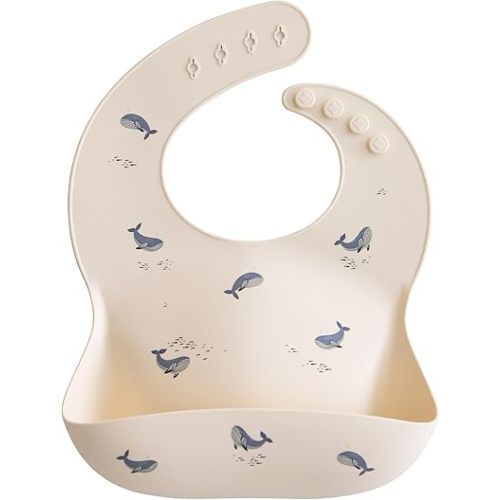 mushie Silicone Baby Bib | Adjustable Fit Waterproof Bibs (Whales)