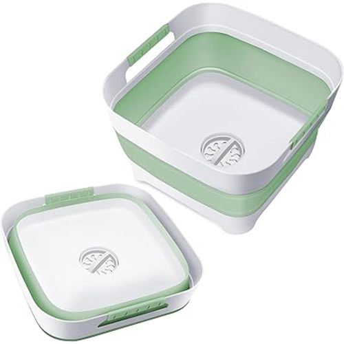 2024 Upgraded 2.4 Gal (9L) Collapsible Dish Basin with Drain Plug, Space Saving Multiuse Foldable Sink Tub, Dishpan, Beverage Tubs for Camping, Vegetable Washing, RV (Green)