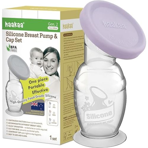 Haakaa Manual Breast Pump with Base 4 Fl Oz/100ml+Lid (Lavender), Gen.2