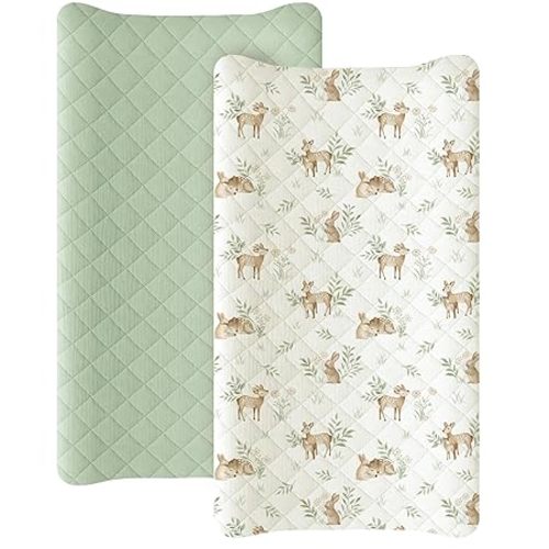 Konssy Waterproof Muslin Changing Pad Cover 2 Pack, Quilted Cotton Fitted Diaper Changing Table Cover, Soft Changing Pad Sheets for Girls Boys (Woodland, Sage)