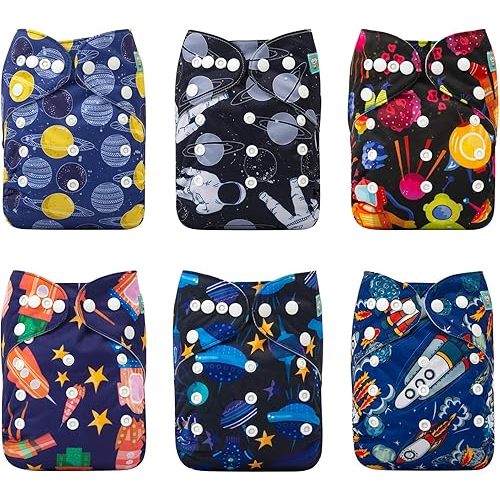 ALVABABY Baby Cloth Diapers 6 Pack with 12 Inserts One Size Adjustable Washable Reusable for Baby Girls and Boys 6DM50-DA