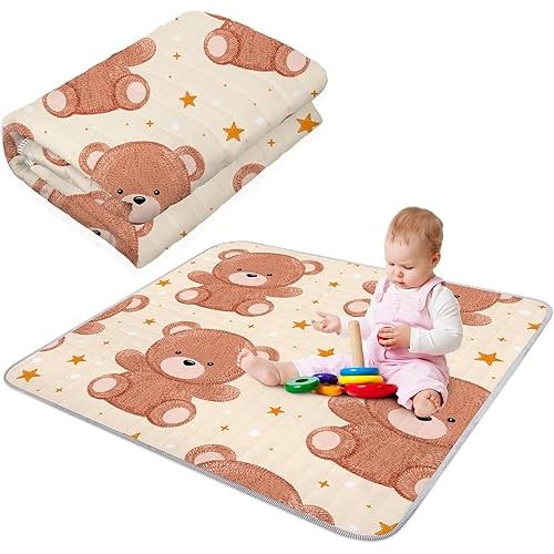 Boho Portable Baby Play Mat, 43 x 43 Inch Washable Foldable Crawling Mat, Non Slip Playmat for Babies, Kids Play Mats Pad for Floor Playpen Toddler Infants Tummy Time Activity (Bear)