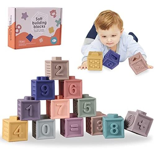 Baby Blocks 12PCS Stacking Soft Building Blocks Baby Teething Toys Teethers Educational Squeeze Play with Numbers Animals Fruits and Shapes Textures Age 6 Months and Up