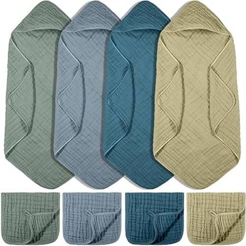 8 Pcs Baby Muslin Hooded Bath Towels and Washcloths, 32 x 32 Inch Muslin Cotton Hooded Baby Towels Absorbent Hooded Blankets for Gift Newborn Infant Shower (Dark Green,Dark Blue)