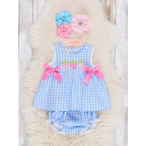 Gingham Embroidered Strawberries Bows Bloomers Outfit