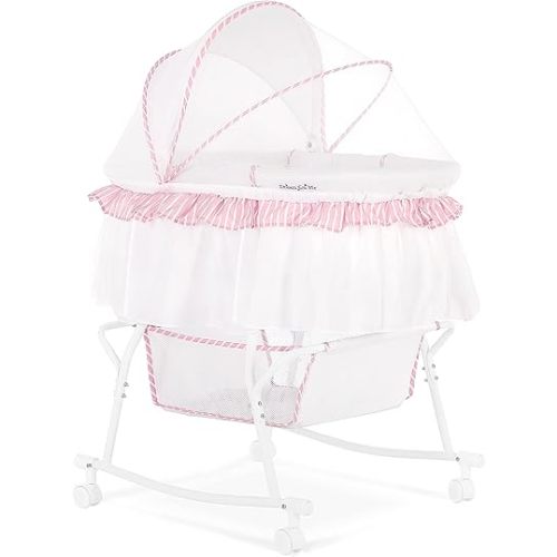 Lacy Portable 2-in-1 Bassinet & Cradle in Pink and White, Lightweight Baby Bassinet with Storage Basket, Adjustable and Removable Canopy