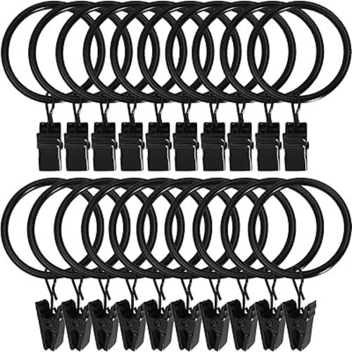 20 Pack Metal Curtain Rings with Clips, Curtain Clip Rings Hooks for Hanging Drapery Drapes Bows, Curtain Rod Rings 1.5 inch Interior Diameter, Black