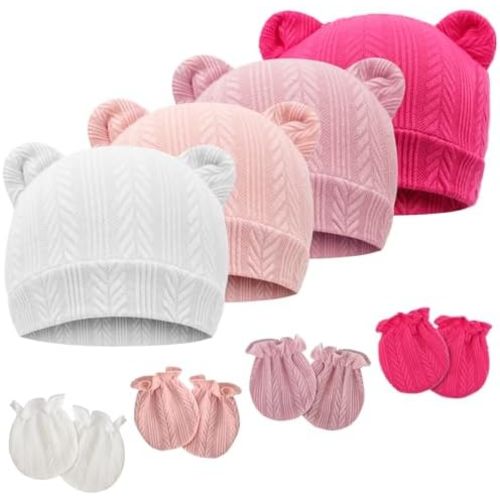 Newborn Baby Hat and Mittens Set Bear Ears Toddler Infant Beanie Caps Newborn Hospital Hat for Baby Boy Girl 0-3 Months