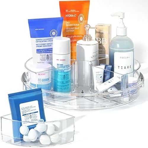 LAMU Lazy Susan Organizer Turntable for Cabinet with 4 Removable Dividers Bins, Rotating Organizer for Medicine Cabinet, Kitchen, Countertop, Pantry, Fridge, Bathroom Counter, 10.6 inch, Clear