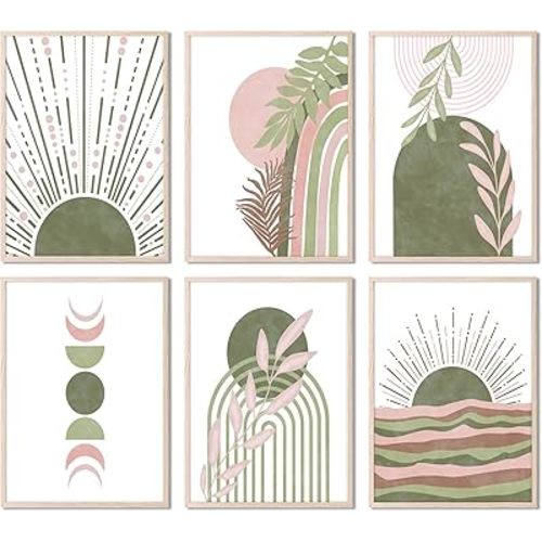 RETRART Sage Green Boho Wall Art, Minimalist Wall Art Wall Decor Geometric Line Leaf Sun Moon Beige Green Canvas Artwork Paintings, Abstract Botanical Sage Gr een Boho Room Decor - 8"x10"