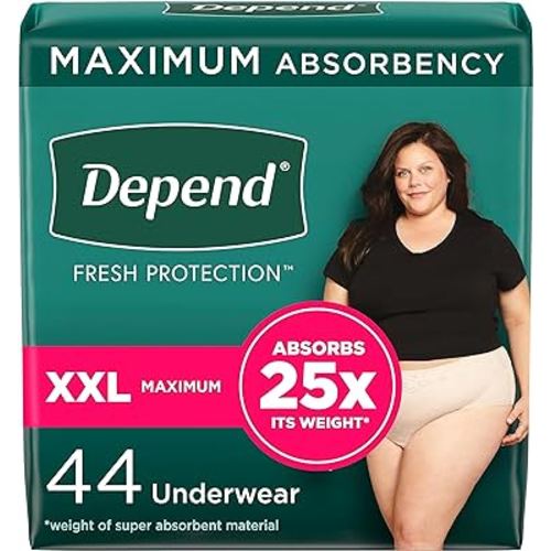 Depend Fresh Protection Adult Incontinence & Postpartum Bladder Leak Underwear for Women, Disposable, Maximum, Extra-Extra-Large, Blush, 44 Count (2 Packs of 22), Packaging May Vary