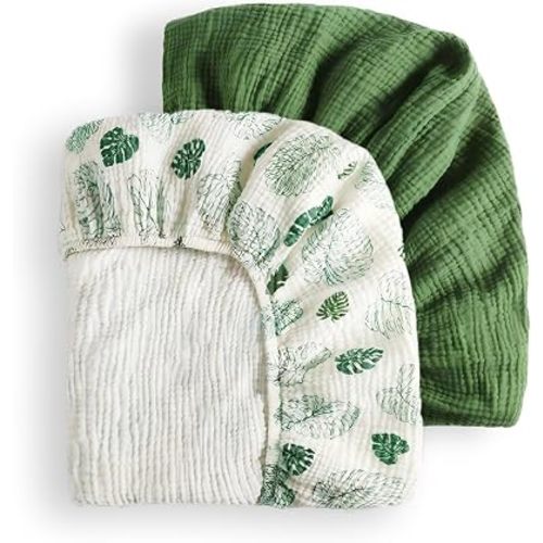 Blissful Diary Muslin Crib Sheets, 2 Pack, Monstera & Dark Green