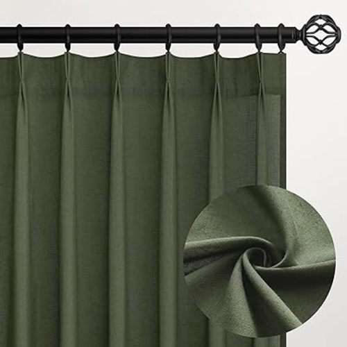 102 Inch Long Curtains Pinch Pleat Linen Curtains for Living Room 2 Panels Set Olive Green Semi Sheer Light Filtering Boho Neutral 102 Inch Pleated Curtain with Hooks Floor Ceiling Bedroom Window