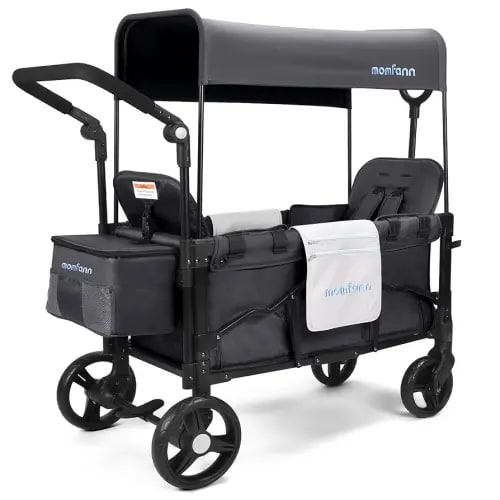 Double-Seater Baby Wagon with Canopy, Push Pull Stroller with Adjustable Handle, Wagon Stroller for 2 Kids & Outdoor Adventures (Dark Grey)