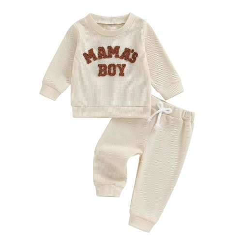 Kupretty Toddler Baby Boy Fall Winter Clothes Embroidery Waffle Knit Sweatshirt Pullover Tops + Casual Pants Outfit Set