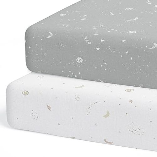 Crib Sheets Neutral - Fitted Baby Crib Sheets Bed for Girl Boy - 2 Pack Standard & Toddler Mattress (Galaxy, Moon, and Stars) - Buttery Soft Organic Cotton Blend